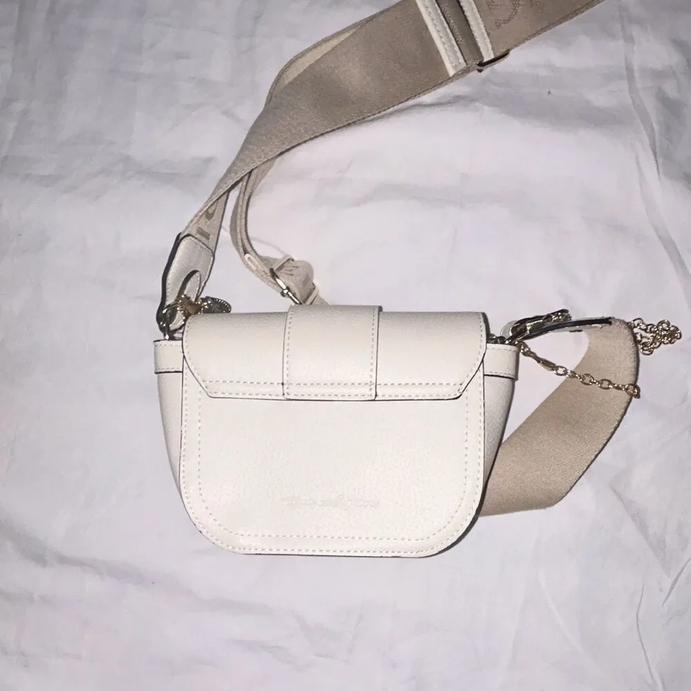 True Religion Women’s Small White Logo Crossbody, Magnetic, Beige Strap Gold